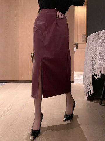 DAZY Women Straight Fitted PU Pencil Skirt, Minimalist And Fashionable For Casual Daily Wear Valentine Valentine's Day