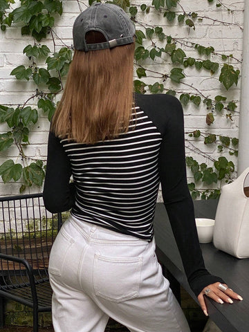 DAZY Women Striped Print Casual Round Neck Long Sleeve T-Shirt