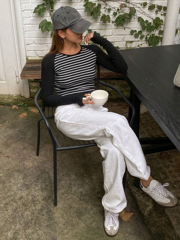DAZY Women Striped Print Casual Round Neck Long Sleeve T-Shirt