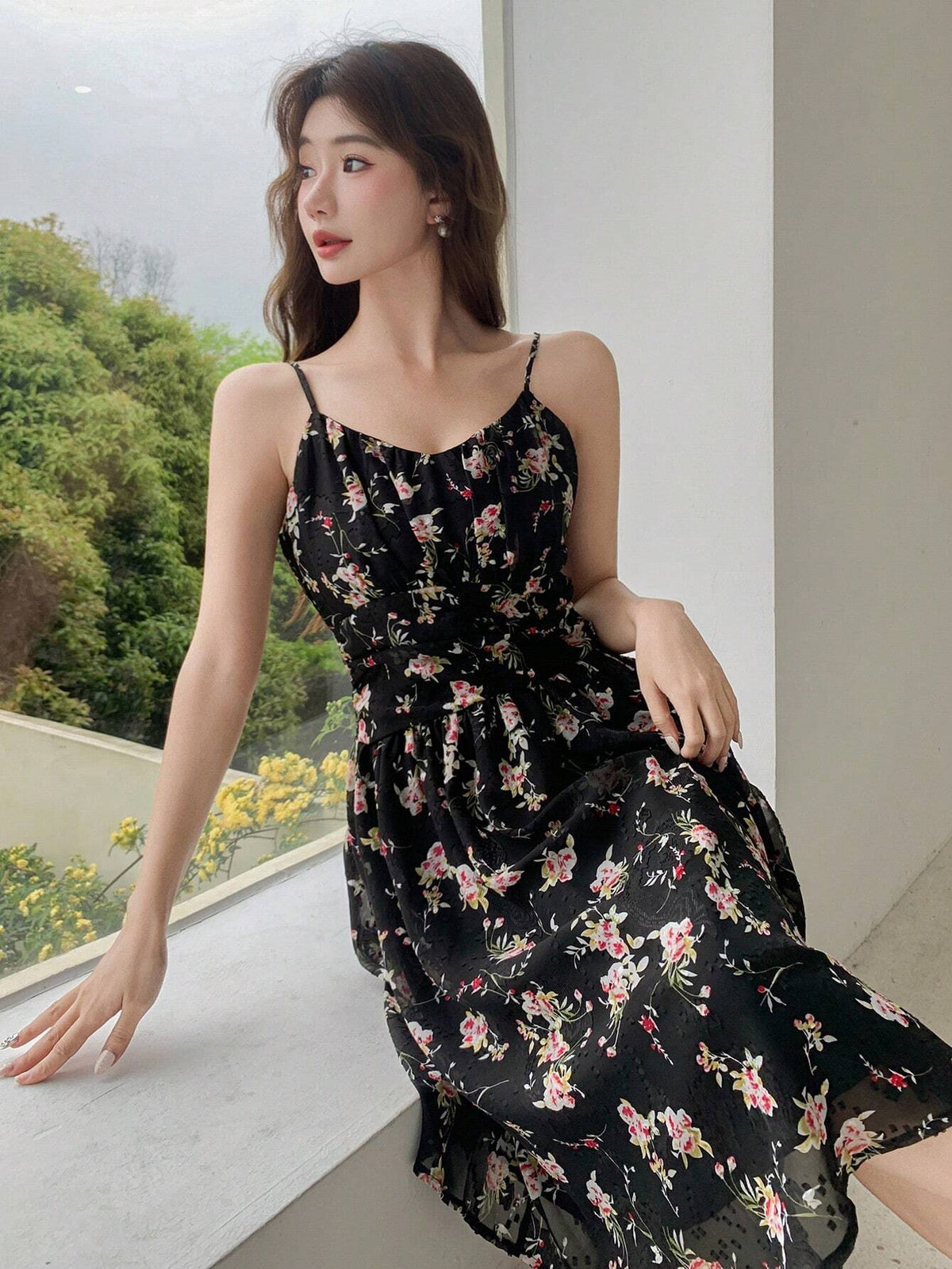 DAZY Women Summer Casual Floral Print Pleated Waist Tie-Shoulder Dress