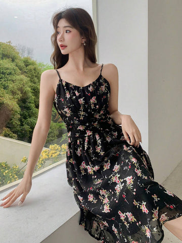 DAZY Women Summer Casual Floral Print Pleated Waist Tie-Shoulder Dress