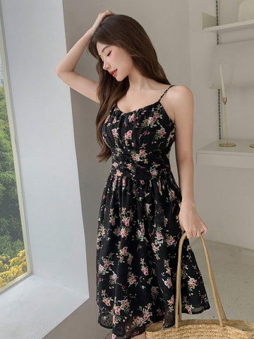 DAZY Women Summer Casual Floral Print Pleated Waist Tie-Shoulder Dress