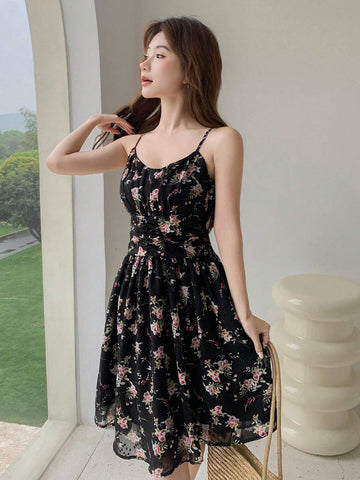 DAZY Women Summer Casual Floral Print Pleated Waist Tie-Shoulder Dress