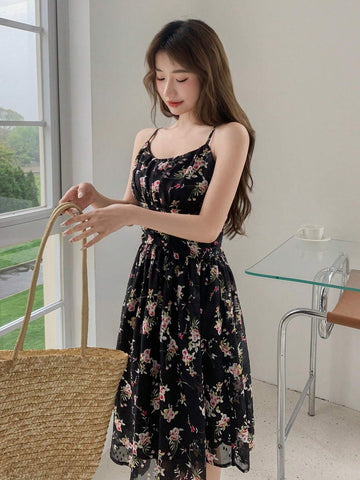 DAZY Women Summer Casual Floral Print Pleated Waist Tie-Shoulder Dress