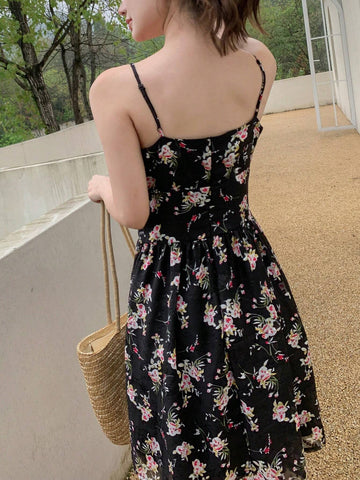 DAZY Women Summer Casual Floral Print Pleated Waist Tie-Shoulder Dress