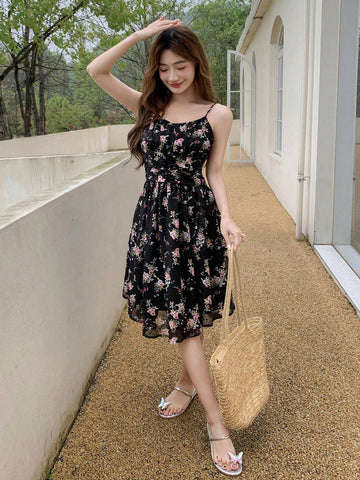 DAZY Women Summer Casual Floral Print Pleated Waist Tie-Shoulder Dress