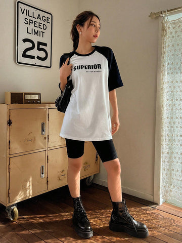 DAZY Women Summer Casual Loose Color Block Patchwork Letter Print Short Sleeve T-Shirt