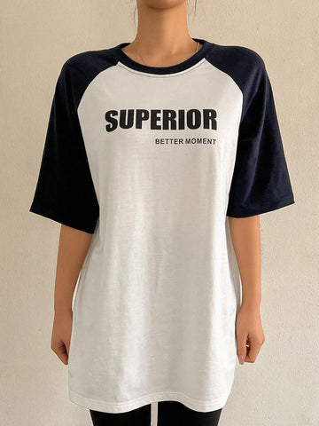 DAZY Women Summer Casual Loose Color Block Patchwork Letter Print Short Sleeve T-Shirt