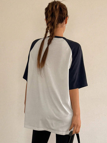 DAZY Women Summer Casual Loose Color Block Patchwork Letter Print Short Sleeve T-Shirt