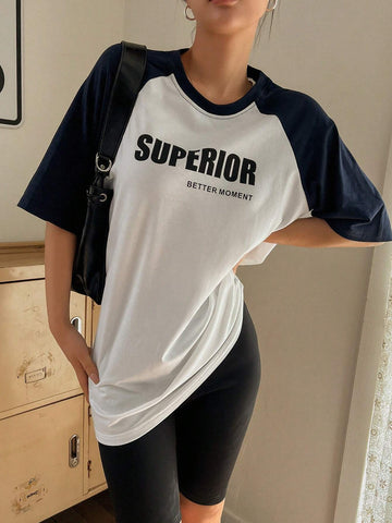 DAZY Women Summer Casual Loose Color Block Patchwork Letter Print Short Sleeve T-Shirt