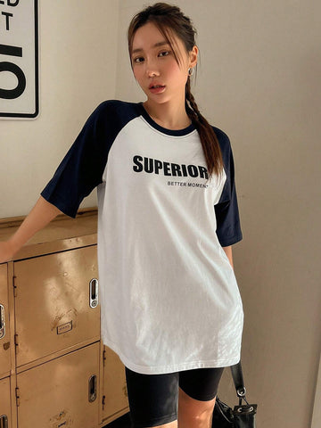 DAZY Women Summer Casual Loose Color Block Patchwork Letter Print Short Sleeve T-Shirt