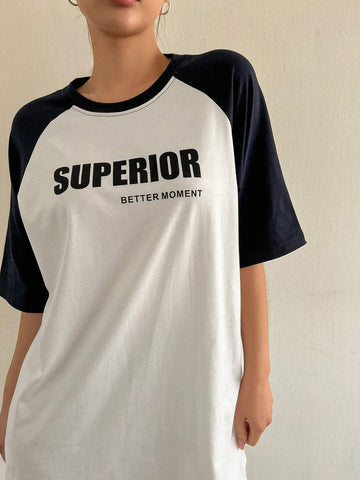 DAZY Women Summer Casual Loose Color Block Patchwork Letter Print Short Sleeve T-Shirt