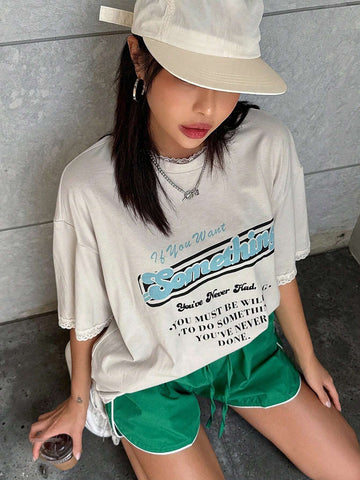 DAZY Women Summer Casual Short Sleeve Round Neck Oversized Graphic Tee