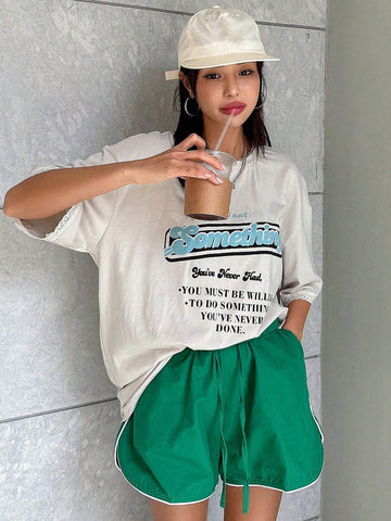 DAZY Women Summer Casual Short Sleeve Round Neck Oversized Graphic Tee