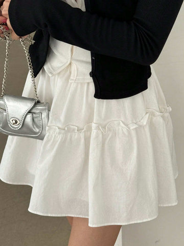 DAZY Women Summer Casual Solid Color Short A-Line Skirt With Ruffle Trim