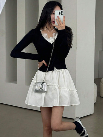 DAZY Women Summer Casual Solid Color Short A-Line Skirt With Ruffle Trim