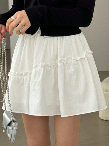 DAZY Women Summer Casual Solid Color Short A-Line Skirt With Ruffle Trim