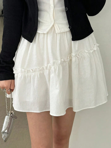 DAZY Women Summer Casual Solid Color Short A-Line Skirt With Ruffle Trim