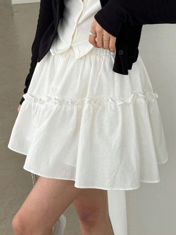 DAZY Women Summer Casual Solid Color Short A-Line Skirt With Ruffle Trim
