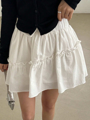 DAZY Women Summer Casual Solid Color Short A-Line Skirt With Ruffle Trim