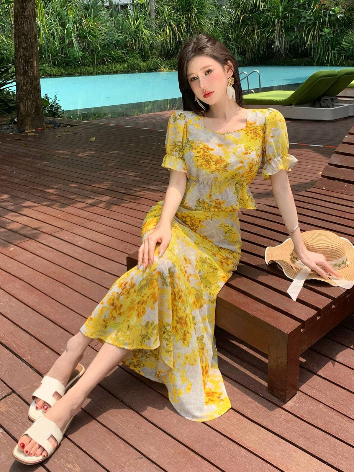 DAZY Women Summer Chiffon Bubble Sleeve Floral Print High Low Skirt Two-Piece Set