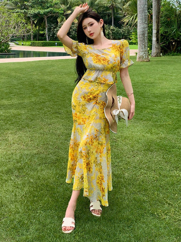 DAZY Women Summer Chiffon Bubble Sleeve Floral Print High Low Skirt Two-Piece Set