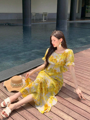 DAZY Women Summer Chiffon Bubble Sleeve Floral Print High Low Skirt Two-Piece Set