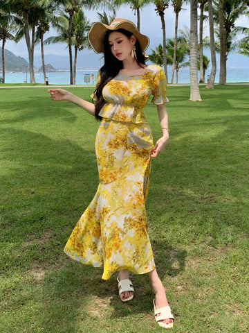 DAZY Women Summer Chiffon Bubble Sleeve Floral Print High Low Skirt Two-Piece Set