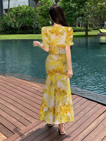 DAZY Women Summer Chiffon Bubble Sleeve Floral Print High Low Skirt Two-Piece Set