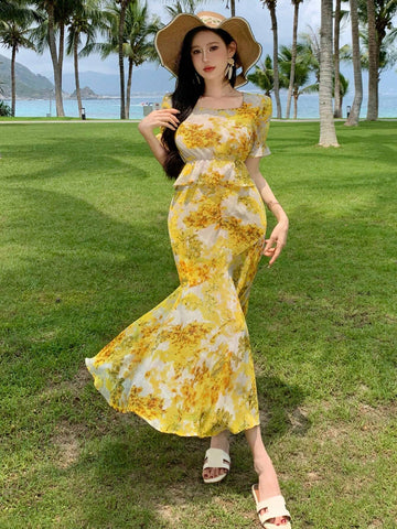 DAZY Women Summer Chiffon Bubble Sleeve Floral Print High Low Skirt Two-Piece Set