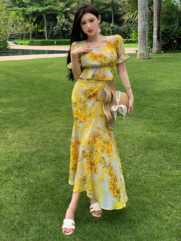 DAZY Women Summer Chiffon Bubble Sleeve Floral Print High Low Skirt Two-Piece Set