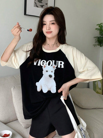 DAZY Women Summer Contrast Color Patchwork Short Sleeve T-Shirt With Dog Printed Letter