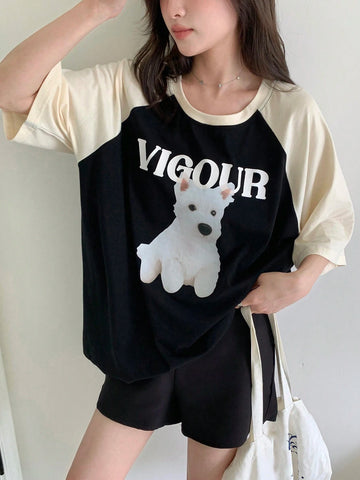 DAZY Women Summer Contrast Color Patchwork Short Sleeve T-Shirt With Dog Printed Letter