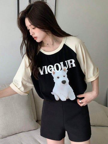 DAZY Women Summer Contrast Color Patchwork Short Sleeve T-Shirt With Dog Printed Letter
