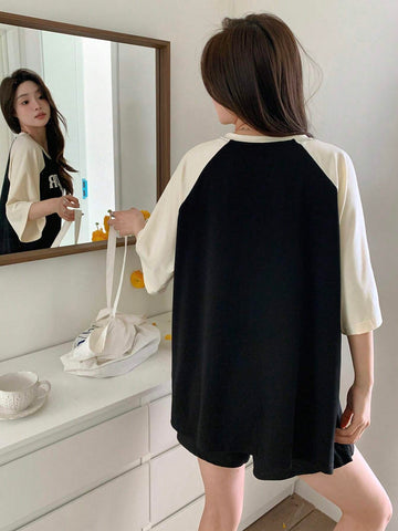 DAZY Women Summer Contrast Color Patchwork Short Sleeve T-Shirt With Dog Printed Letter