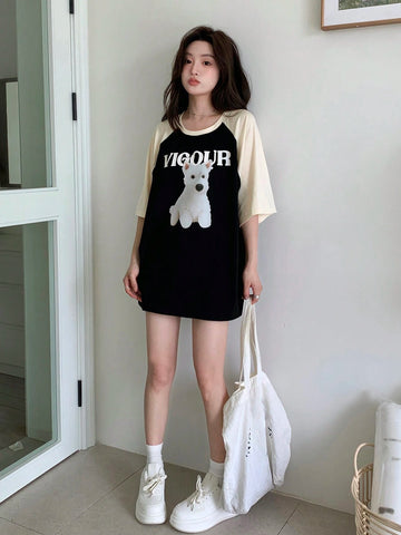 DAZY Women Summer Contrast Color Patchwork Short Sleeve T-Shirt With Dog Printed Letter