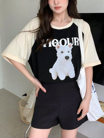DAZY Women Summer Contrast Color Patchwork Short Sleeve T-Shirt With Dog Printed Letter