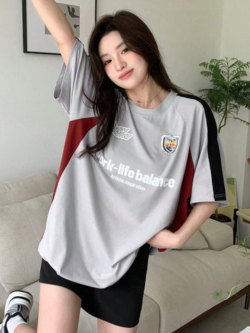 Women Summer Letter Printed Casual Short Sleeve T-Shirt With Raglan Sleeve