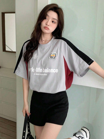 Women Summer Letter Printed Casual Short Sleeve T-Shirt With Raglan Sleeve