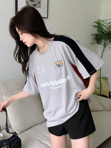 Women Summer Letter Printed Casual Short Sleeve T-Shirt With Raglan Sleeve