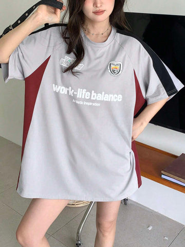 Women Summer Letter Printed Casual Short Sleeve T-Shirt With Raglan Sleeve