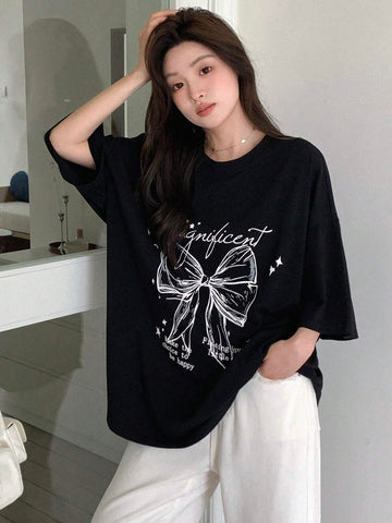 DAZY Women Summer Loose Casual T-Shirt With Slogan, Bowknot Print And Drop-Shoulder Sleeves