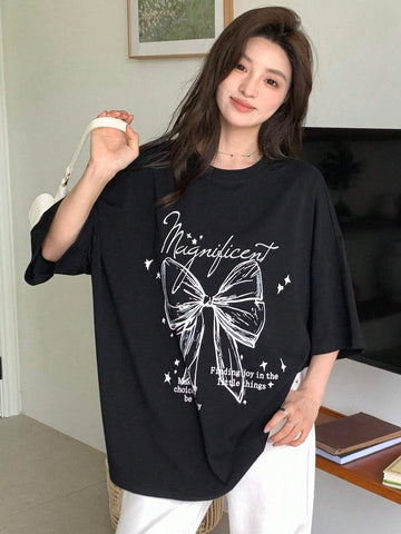DAZY Women Summer Loose Casual T-Shirt With Slogan, Bowknot Print And Drop-Shoulder Sleeves