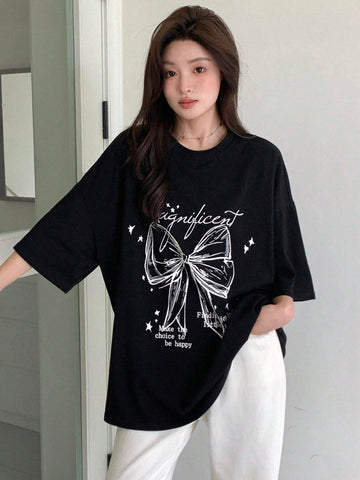 DAZY Women Summer Loose Casual T-Shirt With Slogan, Bowknot Print And Drop-Shoulder Sleeves
