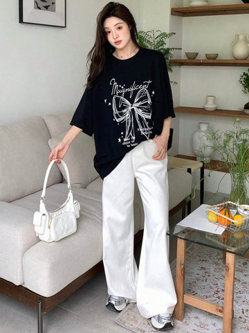 DAZY Women Summer Loose Casual T-Shirt With Slogan, Bowknot Print And Drop-Shoulder Sleeves