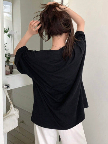 DAZY Women Summer Loose Casual T-Shirt With Slogan, Bowknot Print And Drop-Shoulder Sleeves