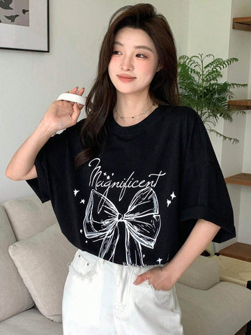 DAZY Women Summer Loose Casual T-Shirt With Slogan, Bowknot Print And Drop-Shoulder Sleeves