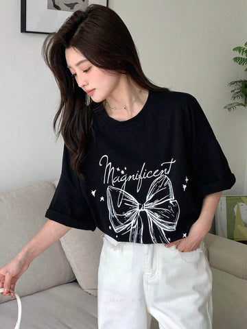 DAZY Women Summer Loose Casual T-Shirt With Slogan, Bowknot Print And Drop-Shoulder Sleeves