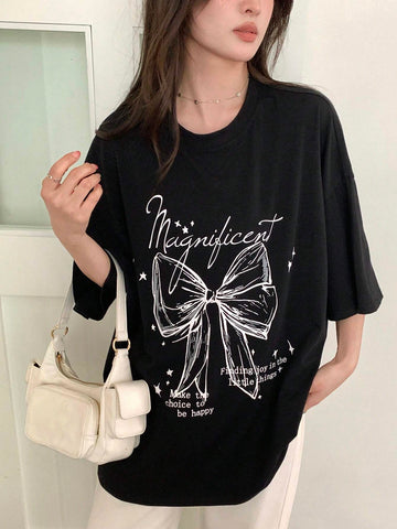 DAZY Women Summer Loose Casual T-Shirt With Slogan, Bowknot Print And Drop-Shoulder Sleeves