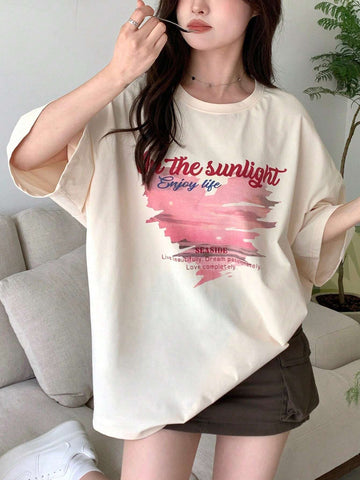 DAZY Women Summer Love Print Slogan Round Neck Drop Shoulder Sleeve Casual T-Shirt